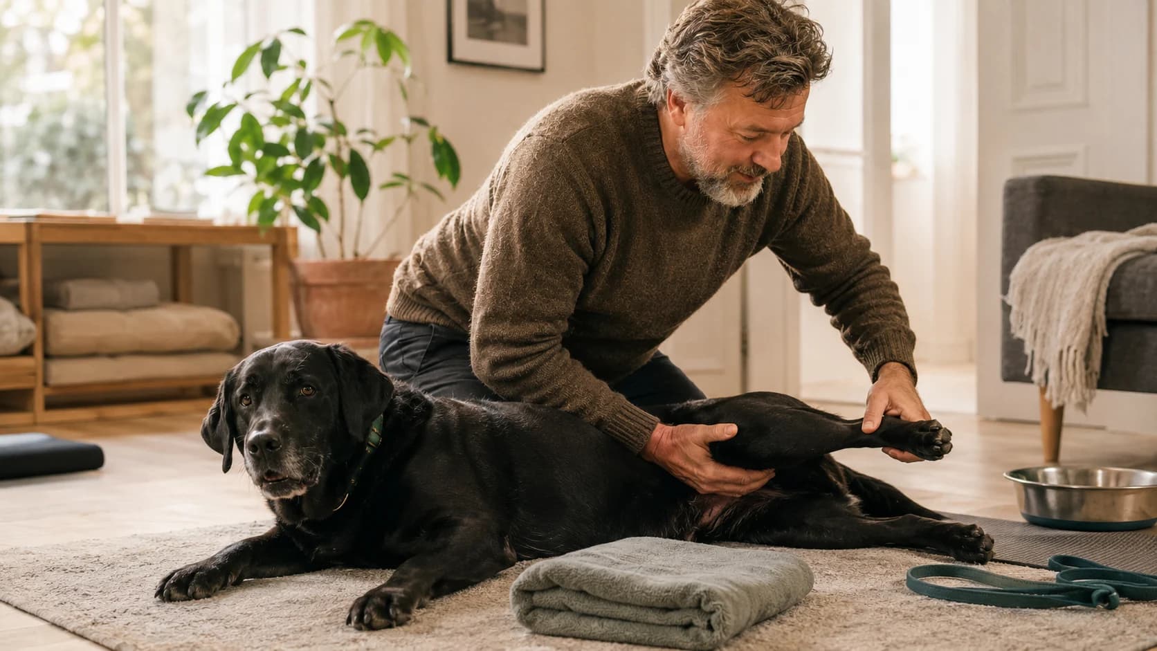 Hundägare gör lugna hemmaövningar med svart labrador