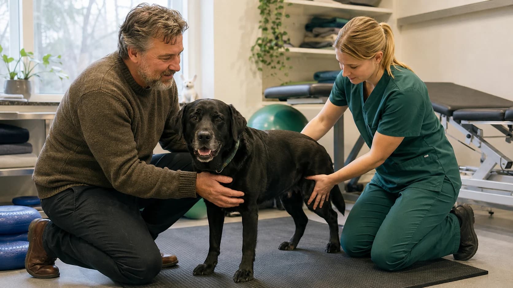 Fysioterapeut bedömer rörelse och bakben hos svart labrador