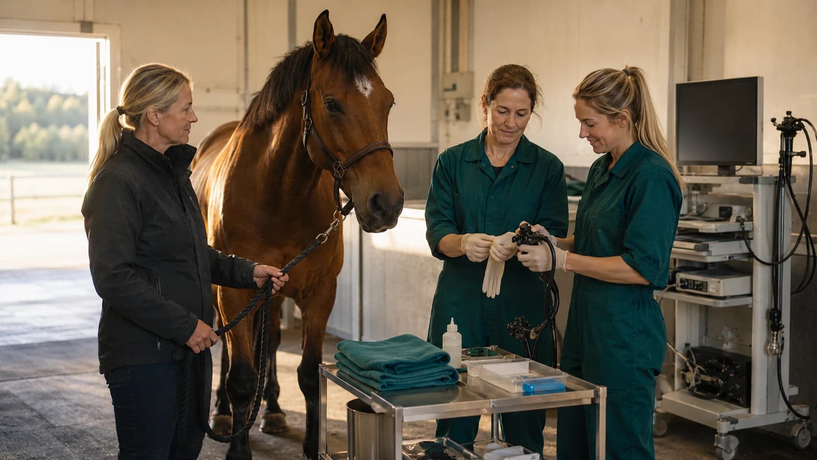 Häst förbereds lugnt inför gastroskopi på veterinärklinik