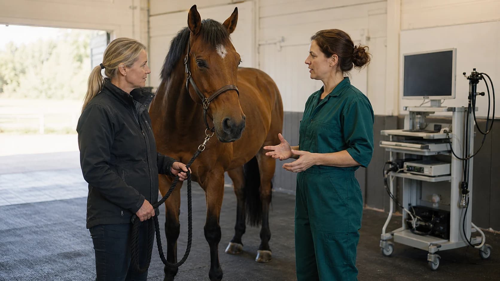 Veterinär förklarar gastroskopi för hästägare i klinik