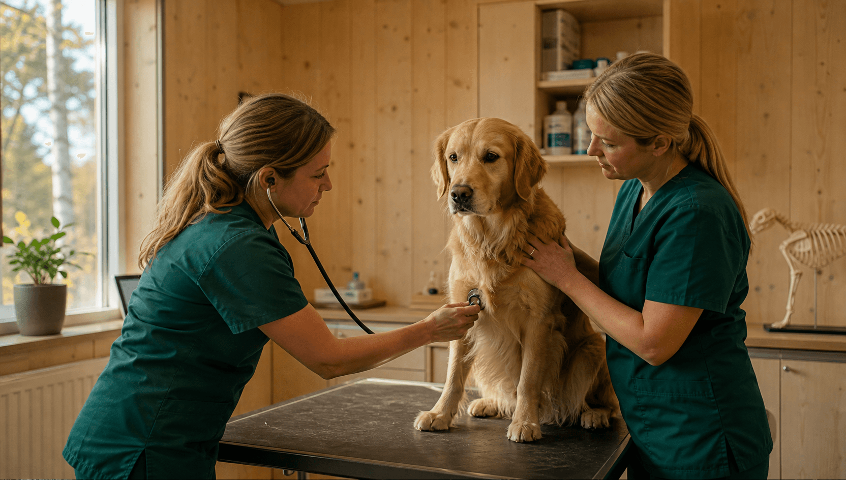 Veterinär i mörkgröna skrubbar lyssnar på hjärtat med stetoskop på en lugn gul golden retriever på undersökningsbordet medan en assistent stödjer hunden.