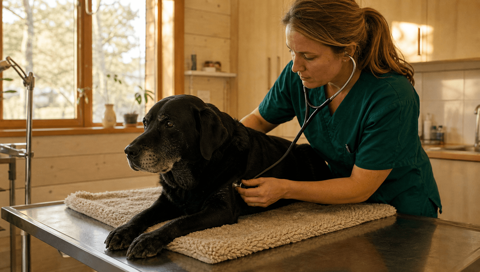 Hälsokontroll senior för hund — veterinär lyssnar med stetoskop på äldre svart labrador