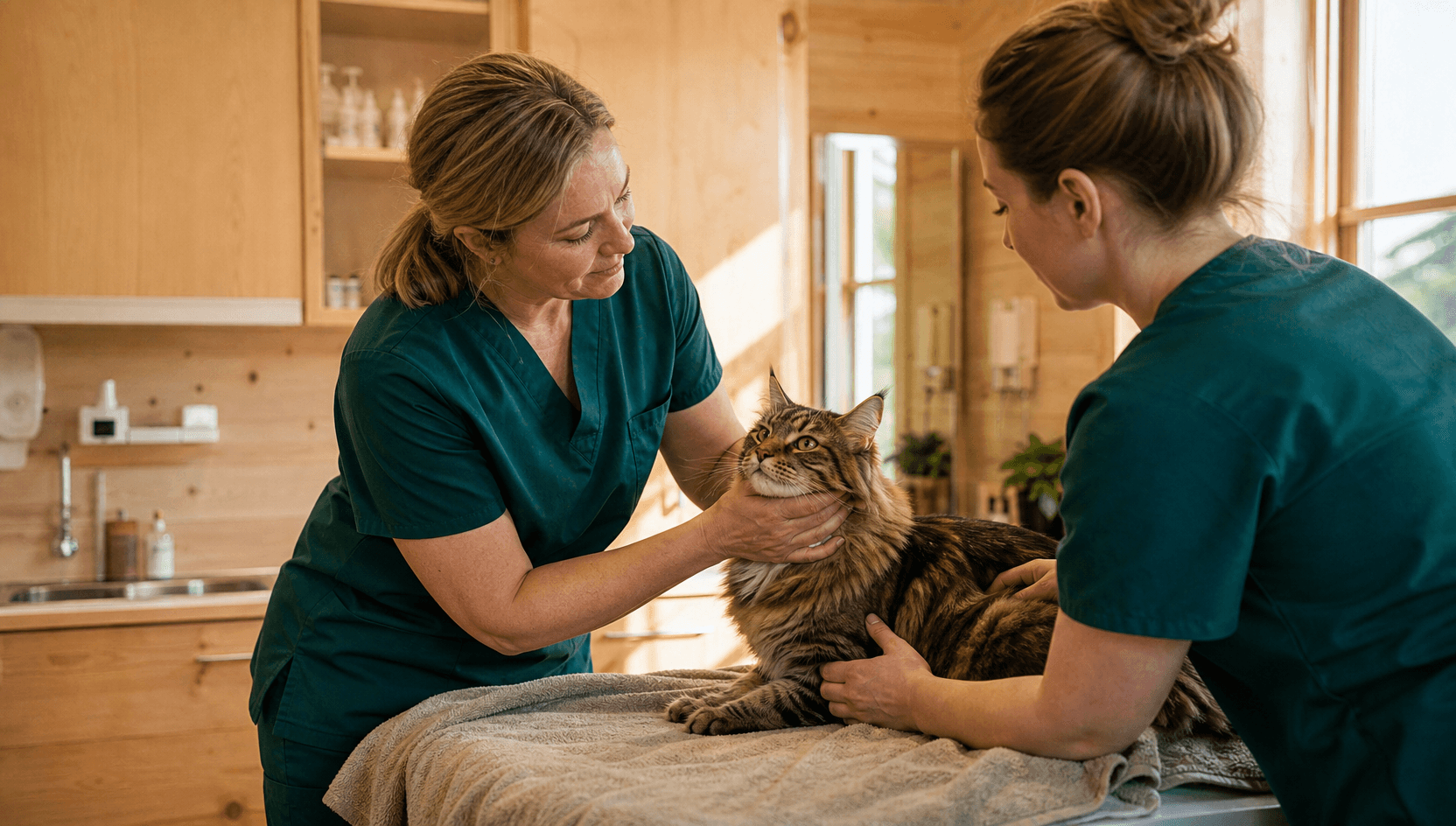 Veterinär i mörkgröna skrubbar undersöker försiktigt en lugn skogskatt på en mjuk handduk på undersökningsbordet medan en assistent steadar.