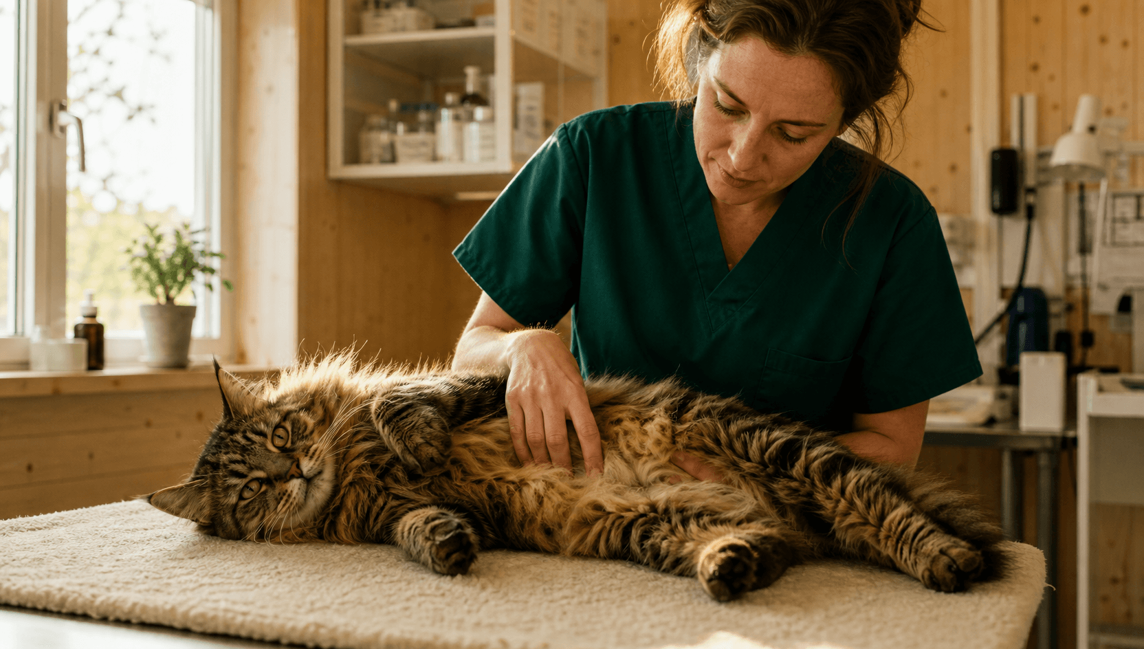 Hälsokontroll senior för katt — veterinär palperar äldre skogskatts buk varsamt