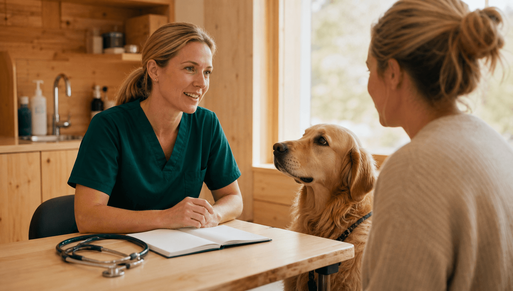 Veterinär samtalar med djurägare om pris för hälsoundersökning.