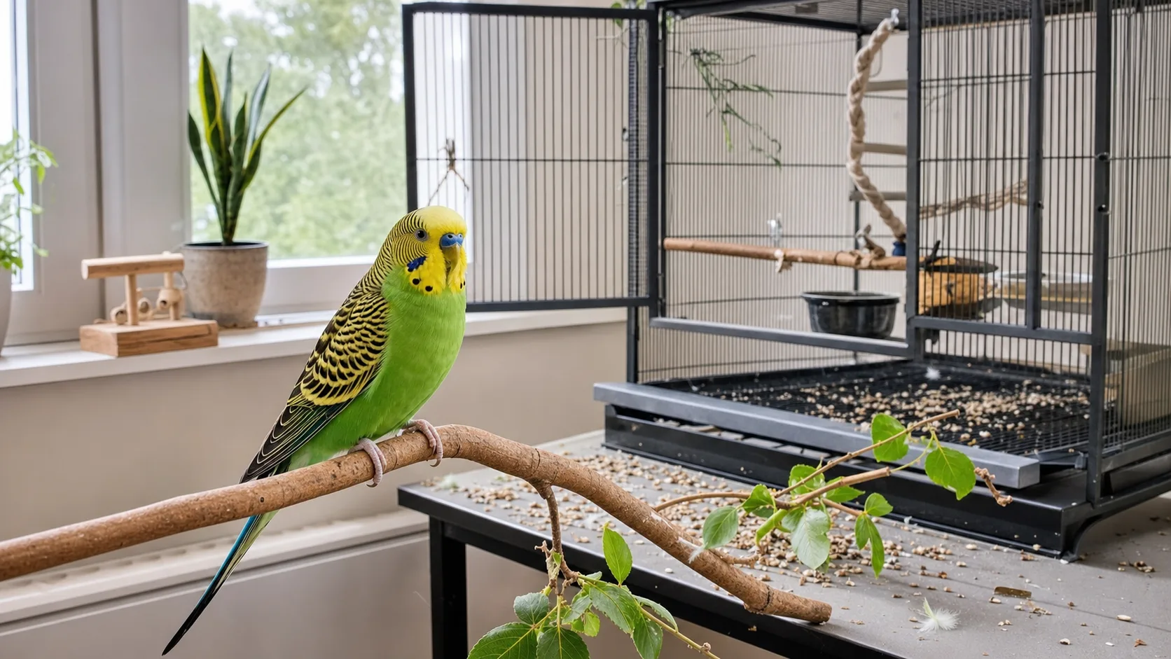 Frisk grön och gul undulat sitter på naturpinne i välskött hemmiljö.