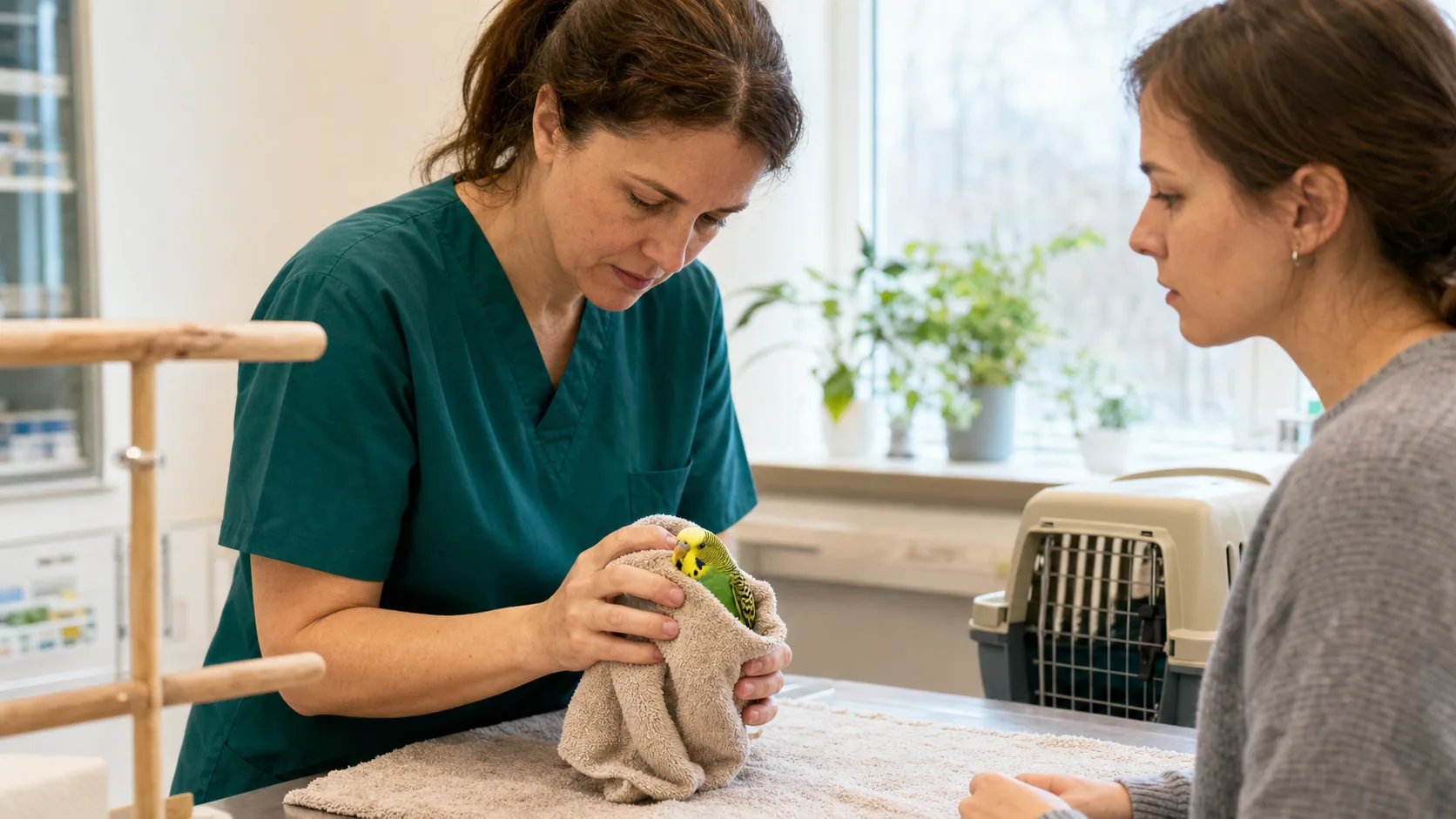 Veterinär undersöker en grön och gul undulat varsamt i handduk på svensk klinik.