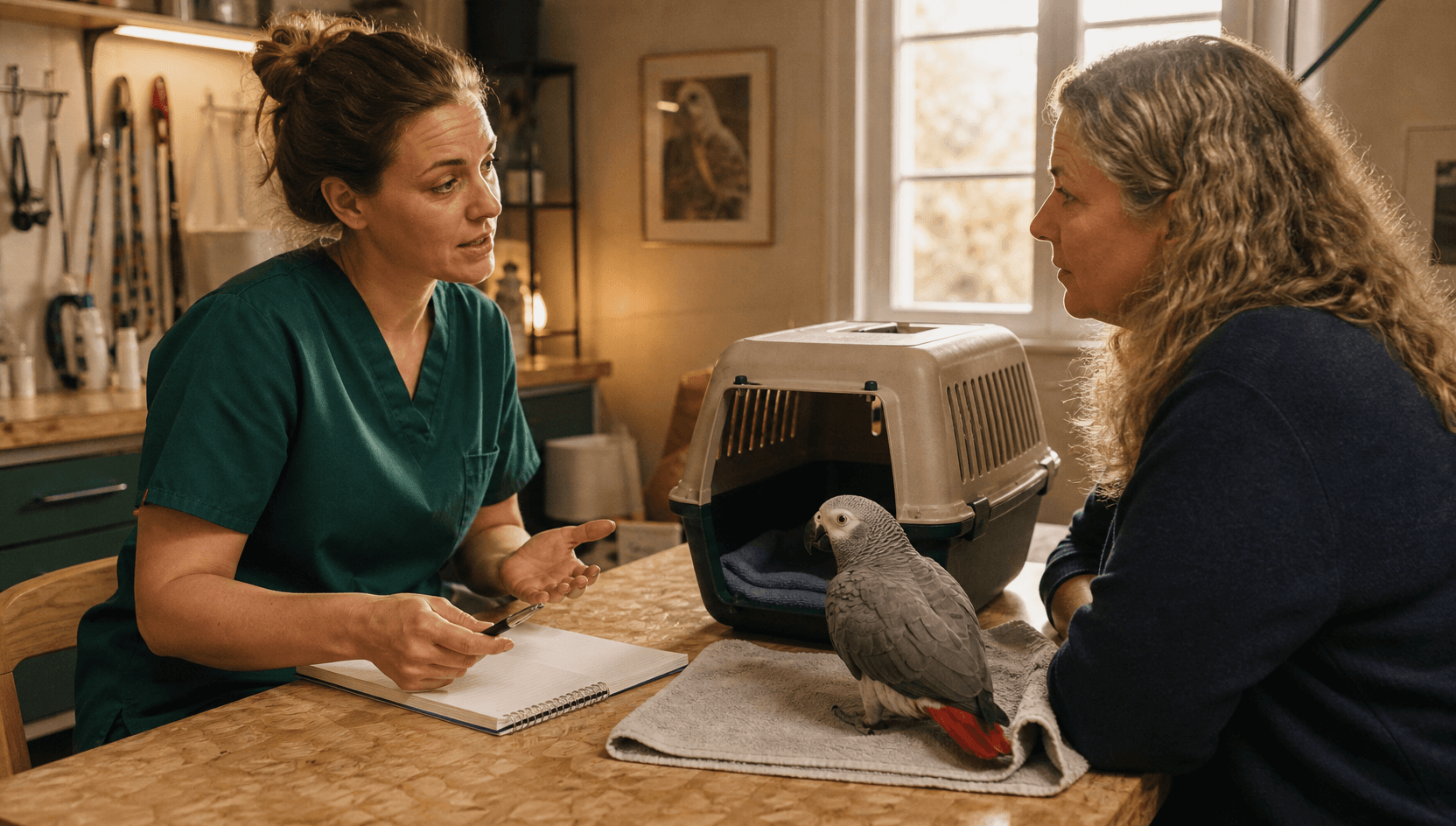 Veterinär samtalar med fågelägare om pris för hälsoundersökning.