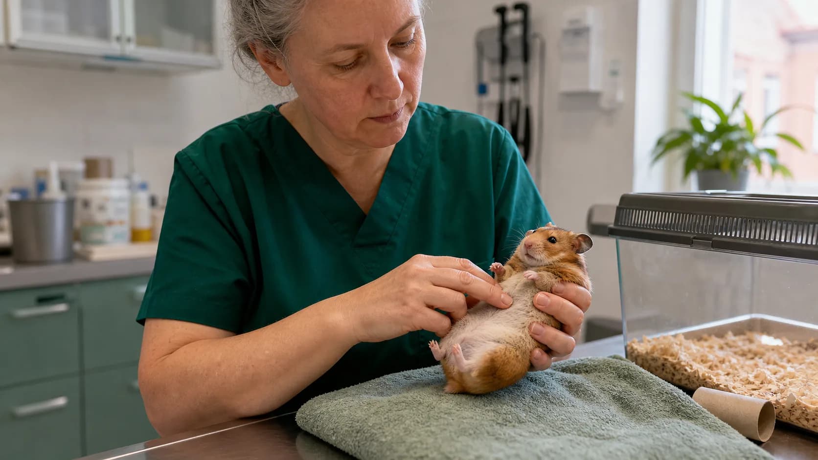 Veterinär palperar buken på en äldre syrisk hamster under seniorkontroll.