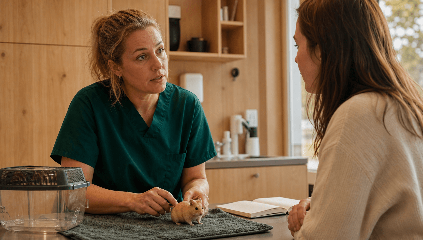 Veterinär samtalar med hamsterägare om pris för hälsoundersökning.
