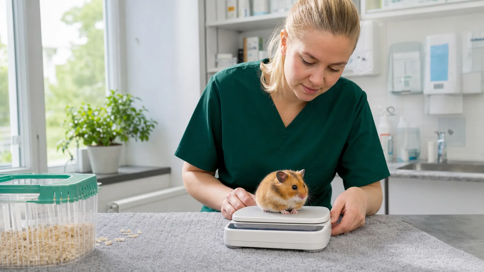 Veterinär väger en liten syrisk hamster på precisionsvåg i svensk klinik.