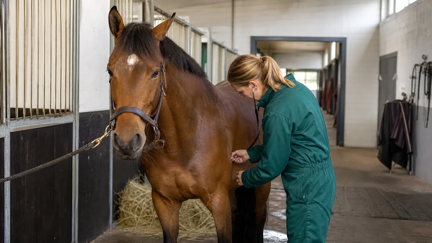 Hästveterinär lyssnar på hjärtat hos en lugn brun häst i svensk stallgång.