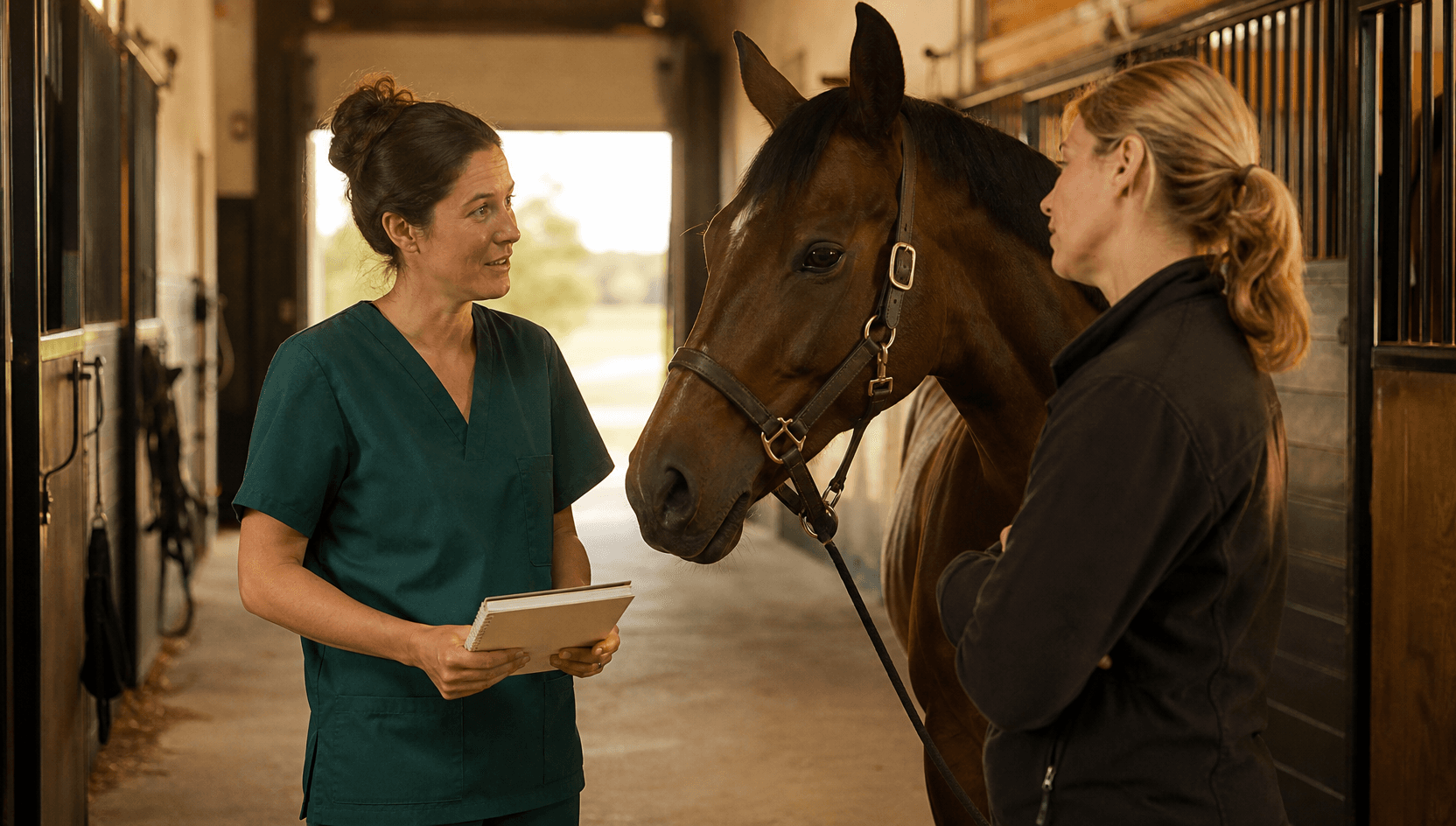 Hästveterinär samtalar med hästägare om pris för hälsoundersökning.
