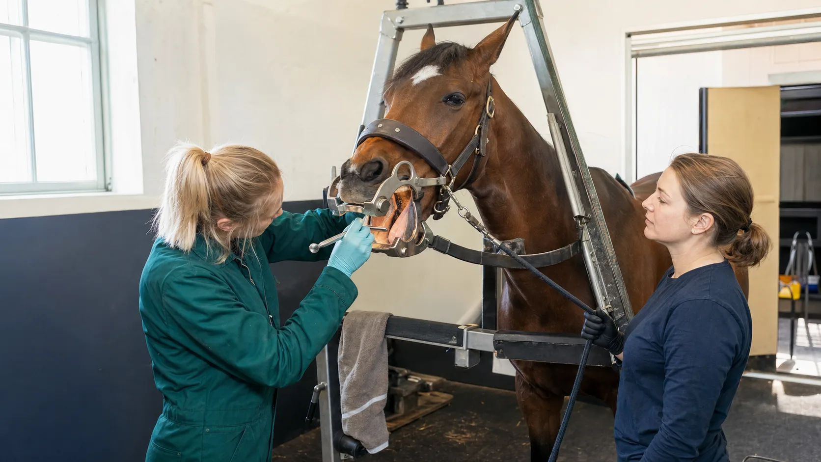 Veterinär gör tandkontroll på en lugn brun häst med huvudstöd i stallmiljö.