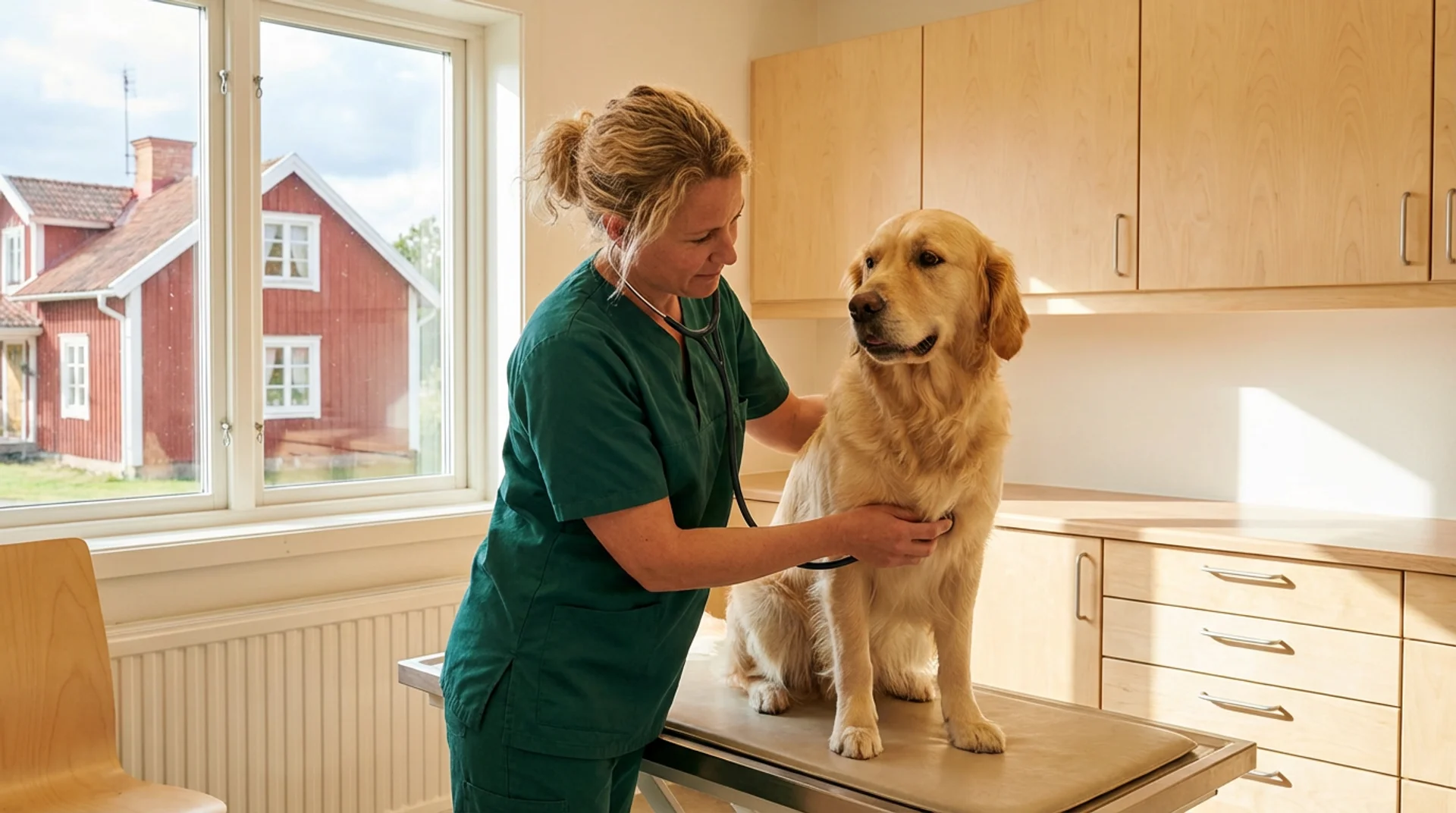 Hälsoundersökning av golden retriever — veterinär lyssnar på hundens hjärta med stetoskop på svensk klinik