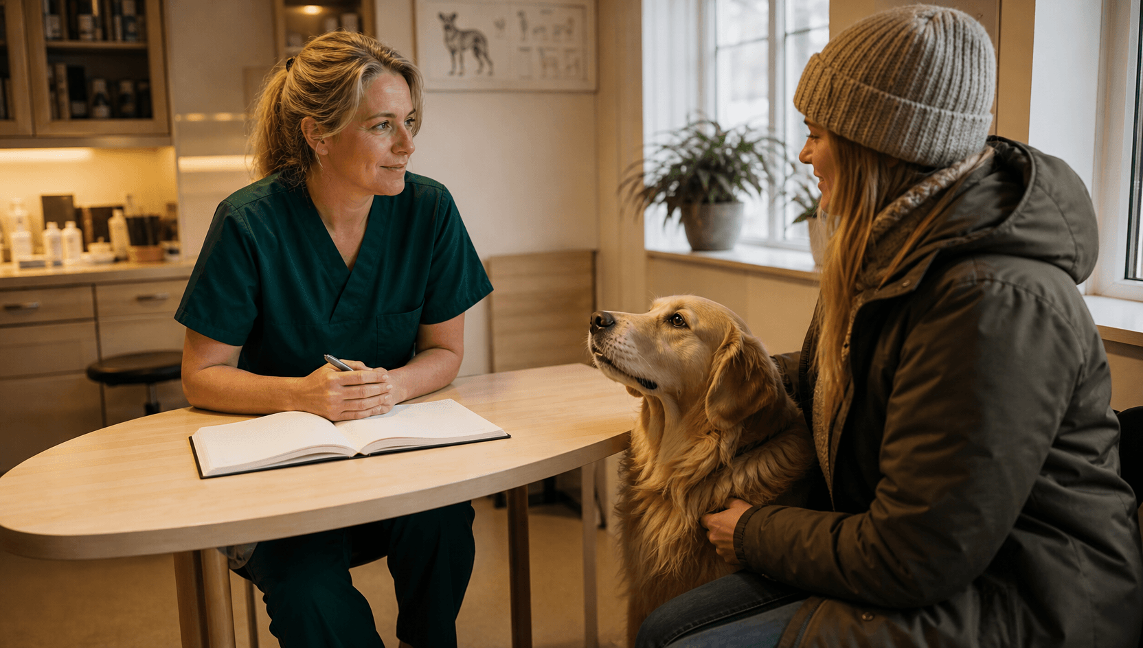 Veterinär samtalar med hundägare om pris för hälsoundersökning.