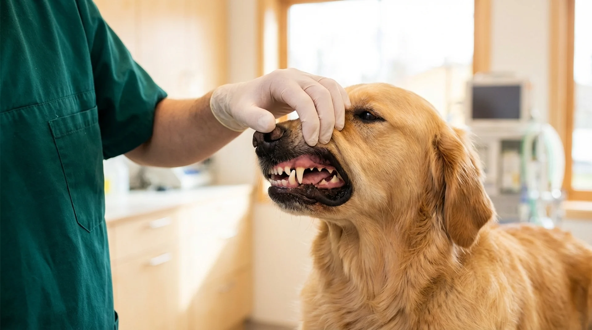 Hälsoundersökning av hund — veterinär kontrollerar tandkött och tänder på golden retriever