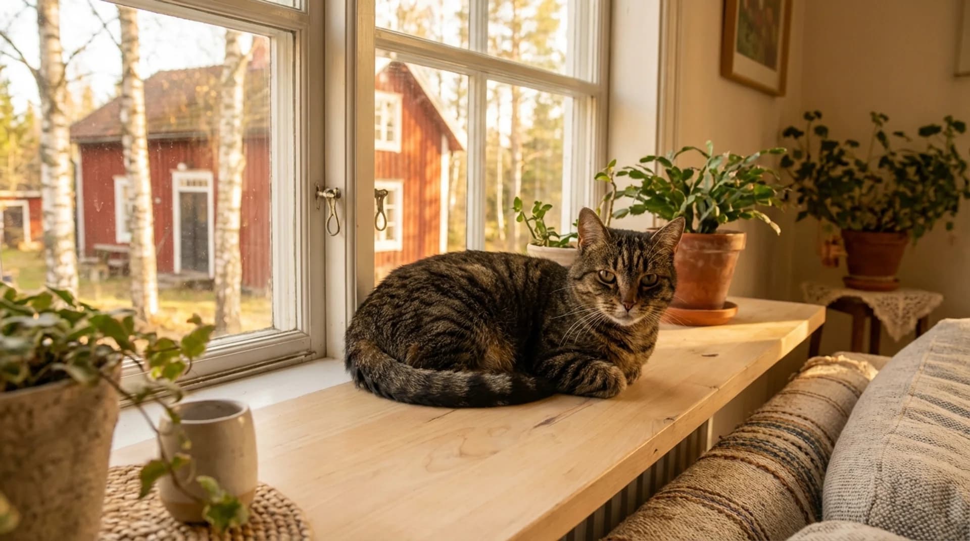 Regelbunden hälsoundersökning ger ett långt liv — frisk tabby-katt vid fönster med svensk utsikt och rött hus
