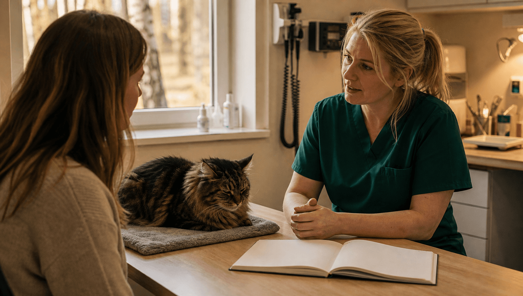 Veterinär samtalar med kattägare om pris för hälsoundersökning.