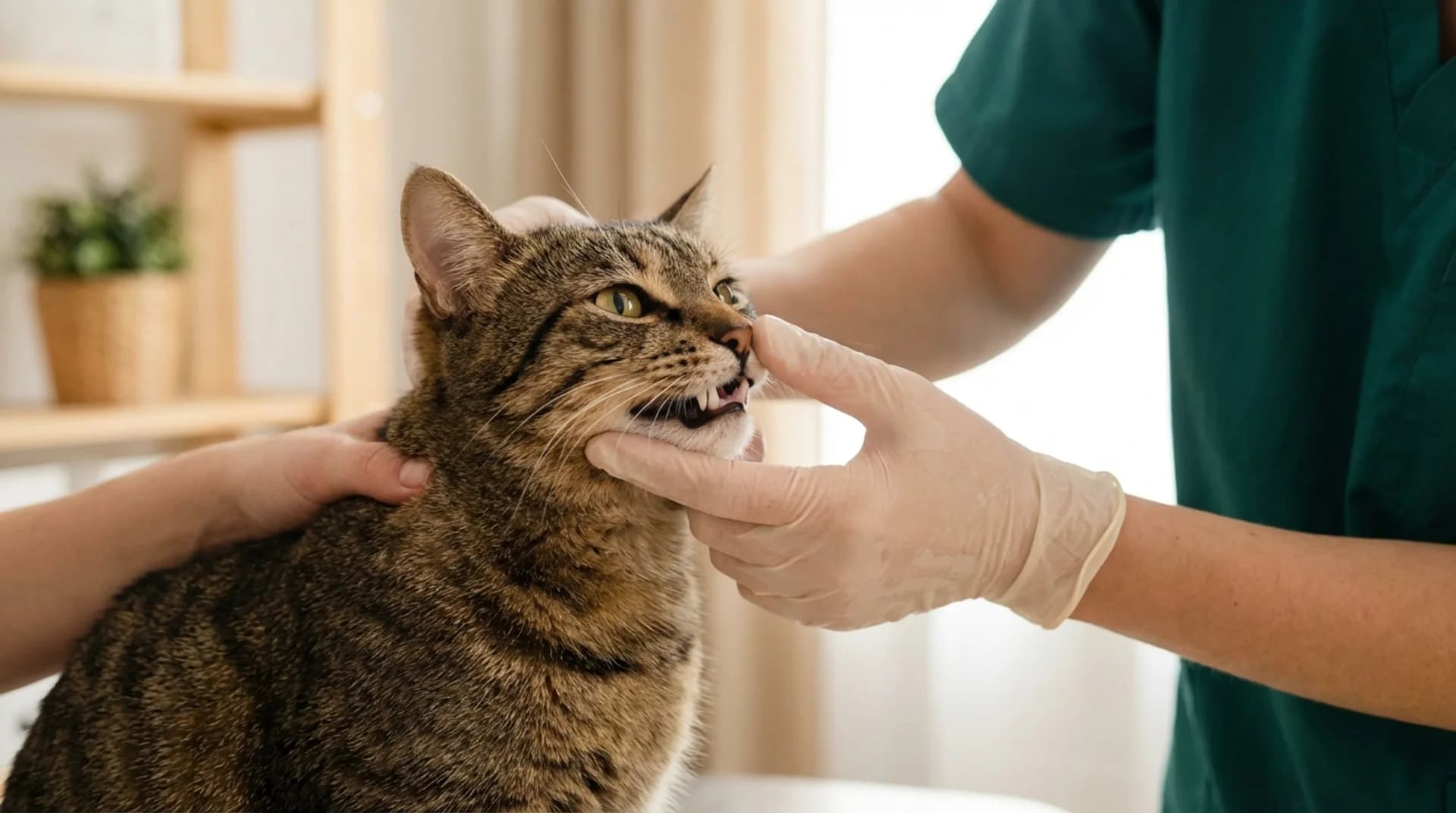 Hälsoundersökning av katt — veterinär kontrollerar tänder och tandkött på tabby-katt