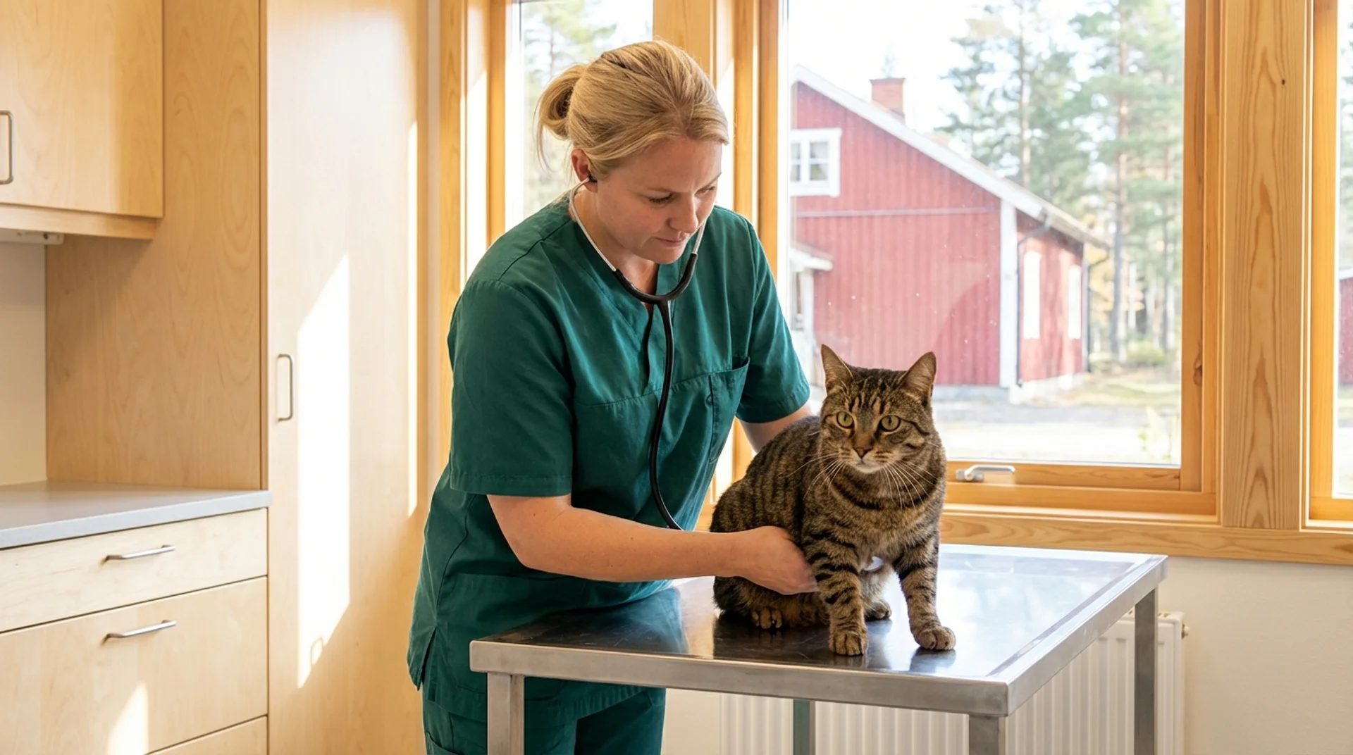 Hälsoundersökning av tabby-katt — veterinär lyssnar på kattens hjärta med stetoskop på svensk klinik