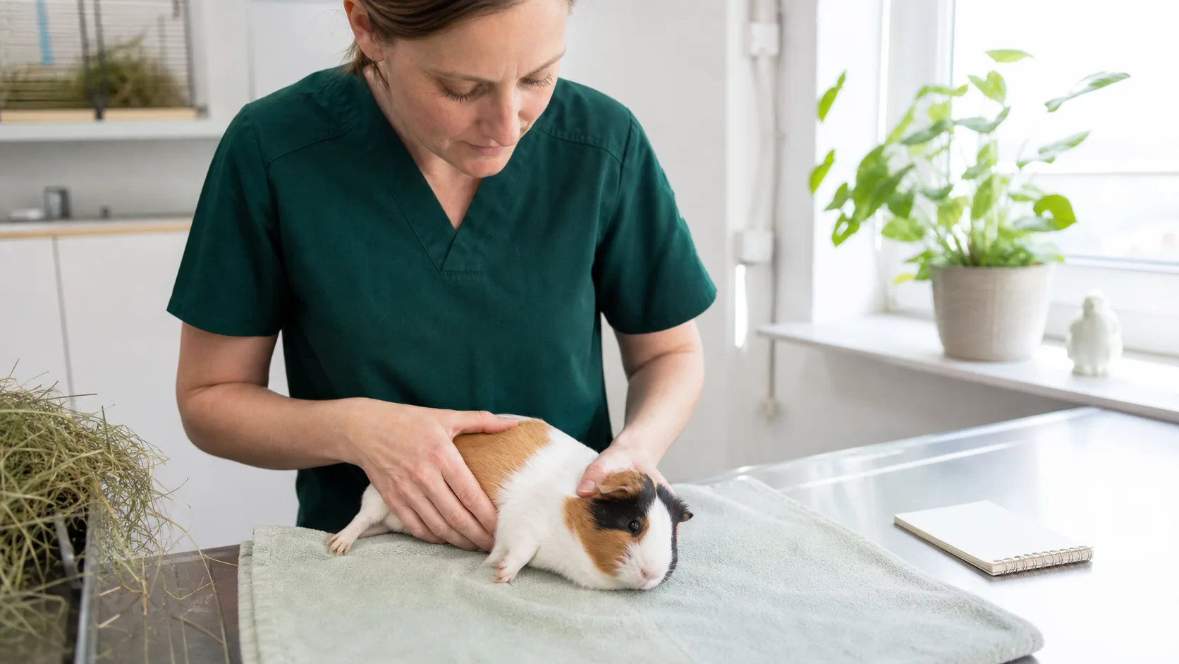 Veterinär palperar buken på ett äldre trefärgat marsvin under seniorkontroll.