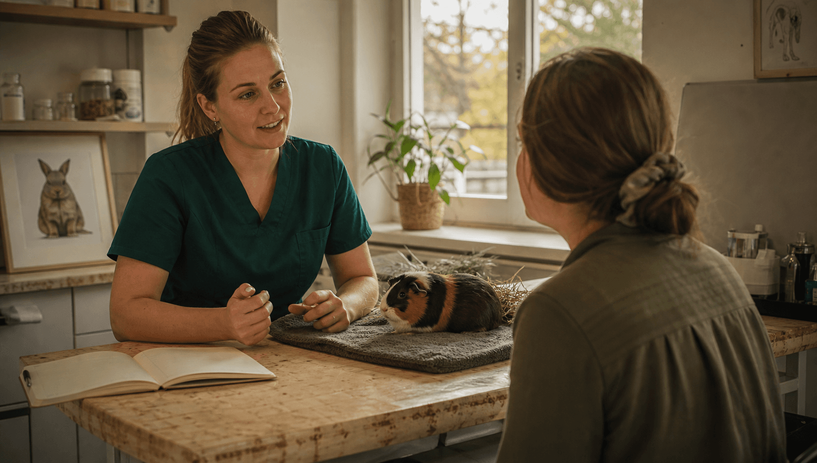 Veterinär samtalar med marsvinsägare om pris för hälsoundersökning.