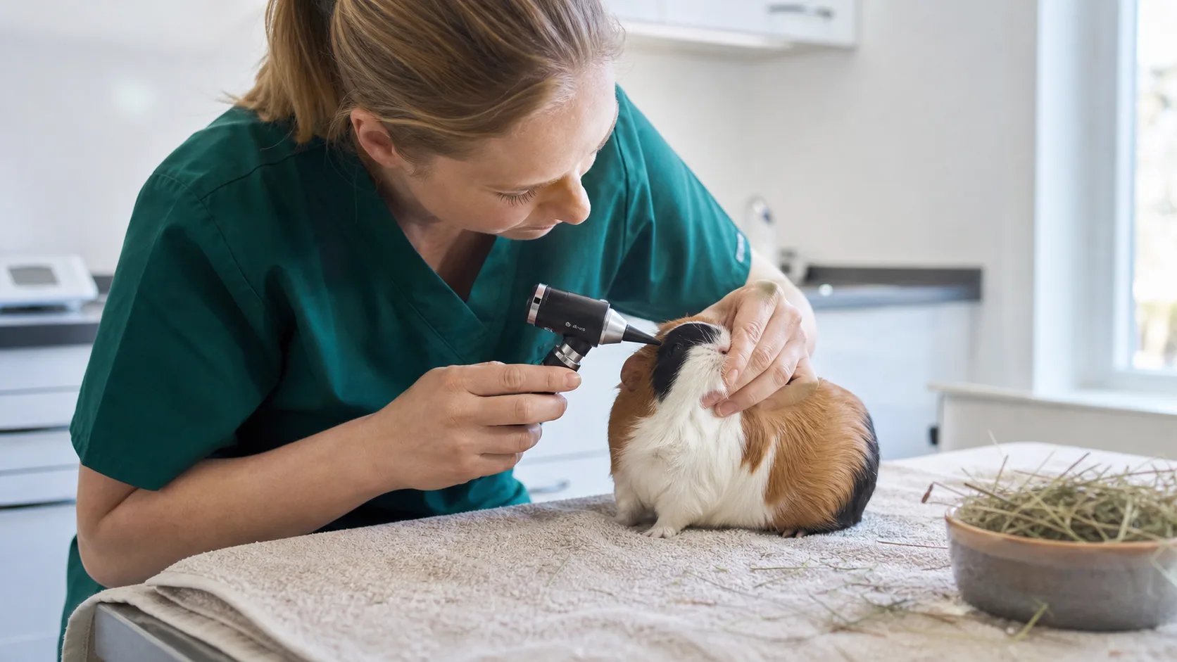 Veterinär inspekterar kindtänderna på ett trefärgat marsvin med otoskop.