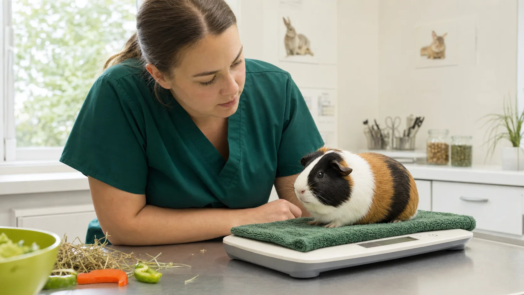 Veterinär väger ett trefärgat marsvin på precisionsvåg i svensk klinik.