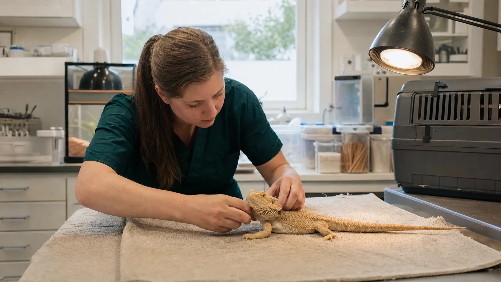 Veterinär undersöker en lugn skäggagam på handduk i svensk exotklinik.