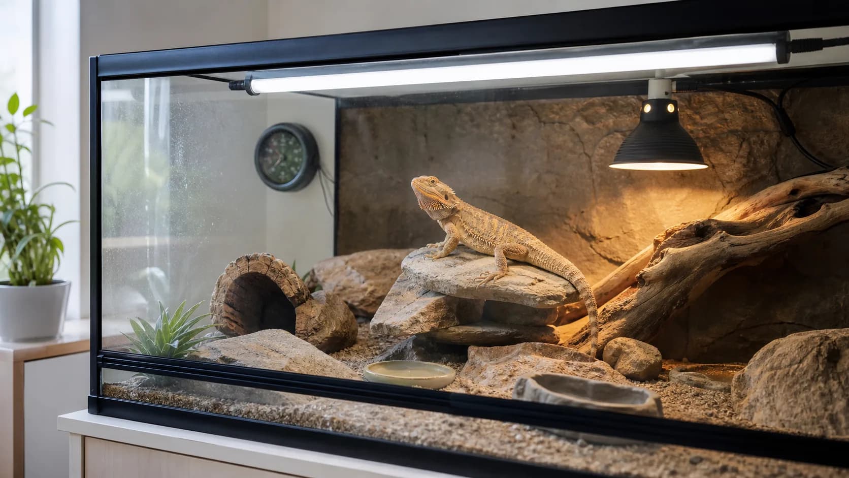 Skäggagam på solplats i terrarium med UVB-lampa och temperaturutrustning.