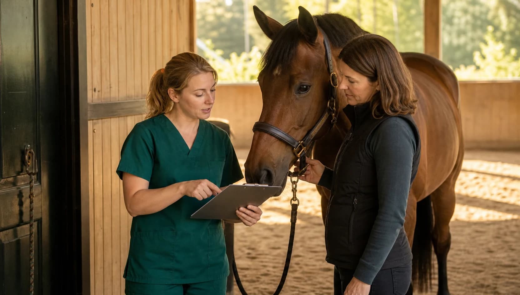 Hästveterinär i mörkgröna skrubbar jämför pris för hältutredning med hästägare.