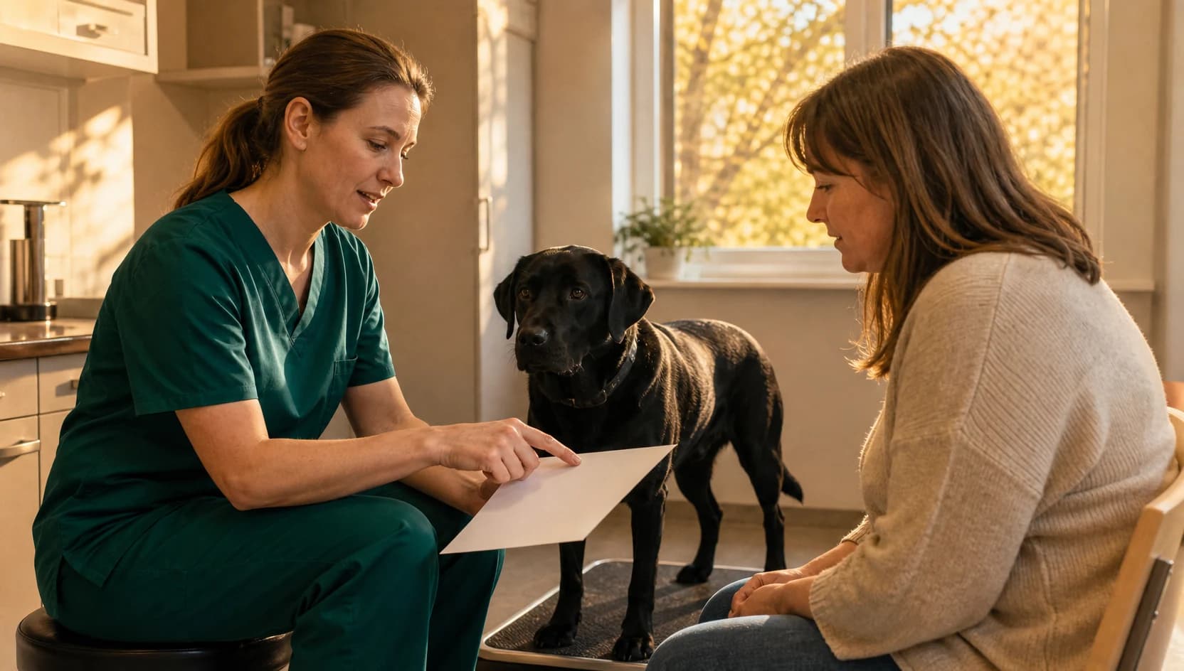 Veterinär i mörkgröna skrubbar jämför pris för hältutredning hund med hundägare.