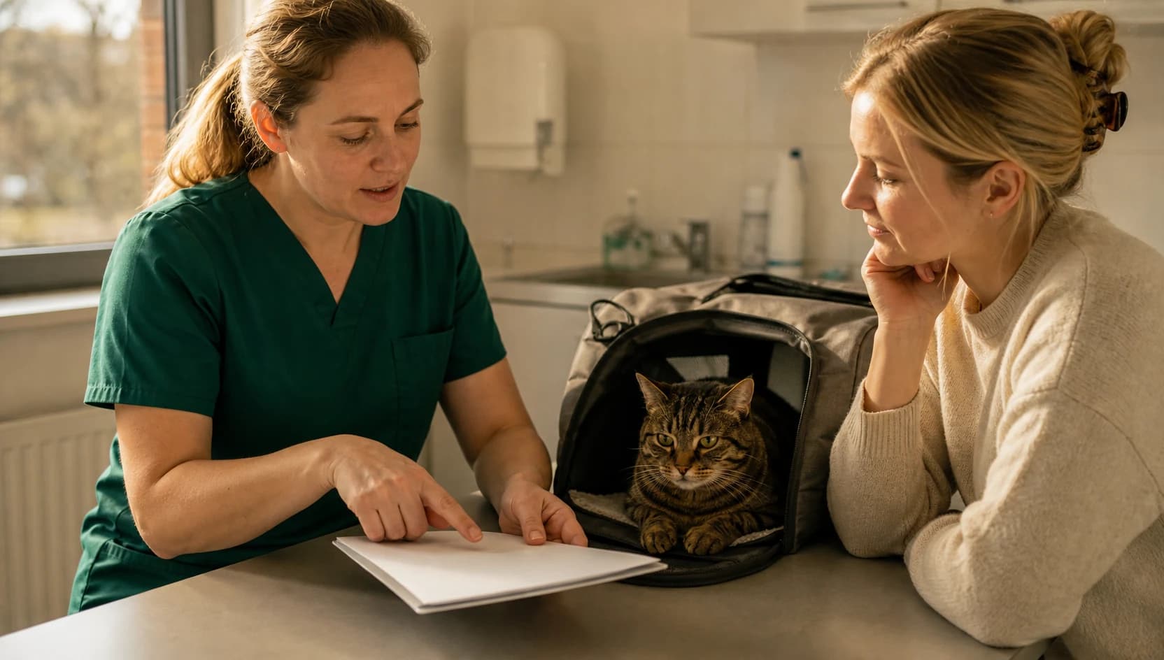 Veterinär i mörkgröna skrubbar jämför pris för hältutredning katt med kattägare.