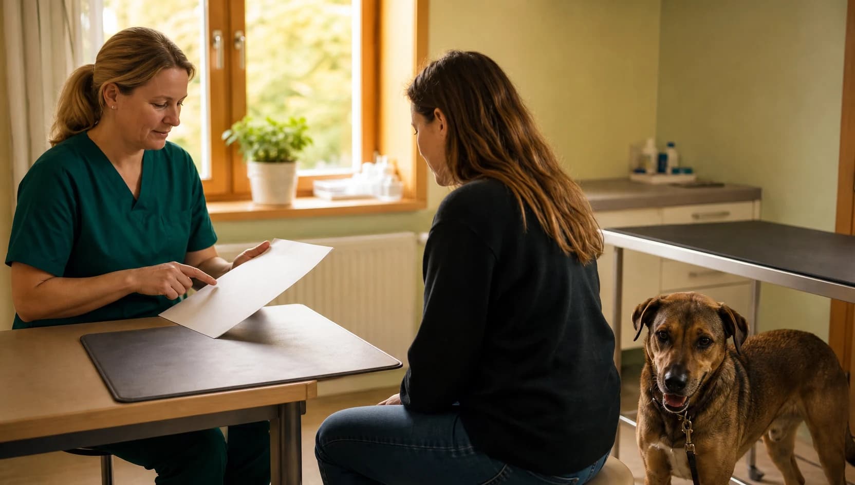 Veterinär i mörkgröna skrubbar jämför pris för hältutredning med djurägare.