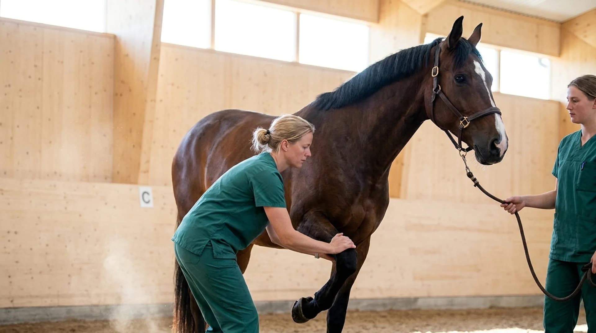 Hältutredning häst — veterinär utför böjprov på bay varmblodshäst i svenskt ridhus