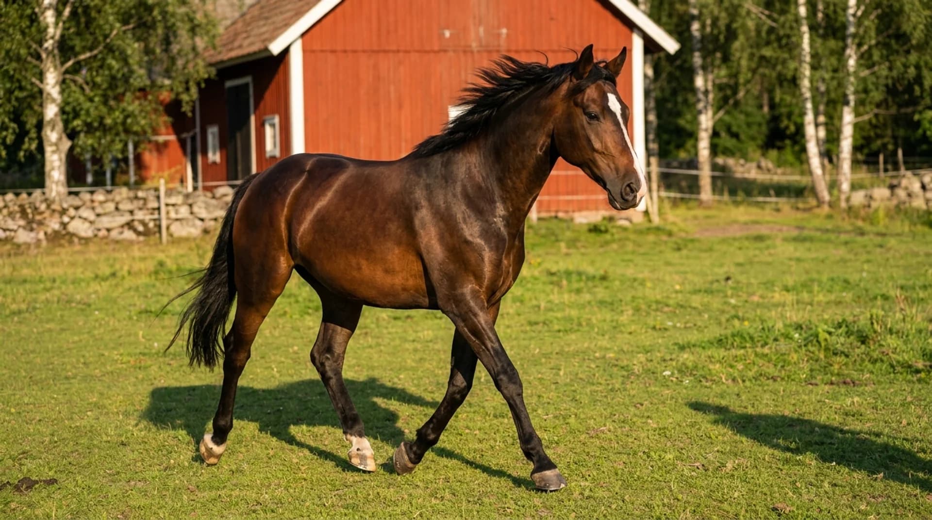 Hältutredning häst — bay varmblodshäst travar smärtfritt i sommarhage vid röd svensk lada