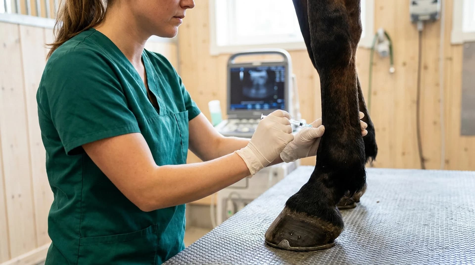 Häst-hältutredning — diagnostisk nervblockad på bay varmblodshästs underben med ultraljud i bakgrunden