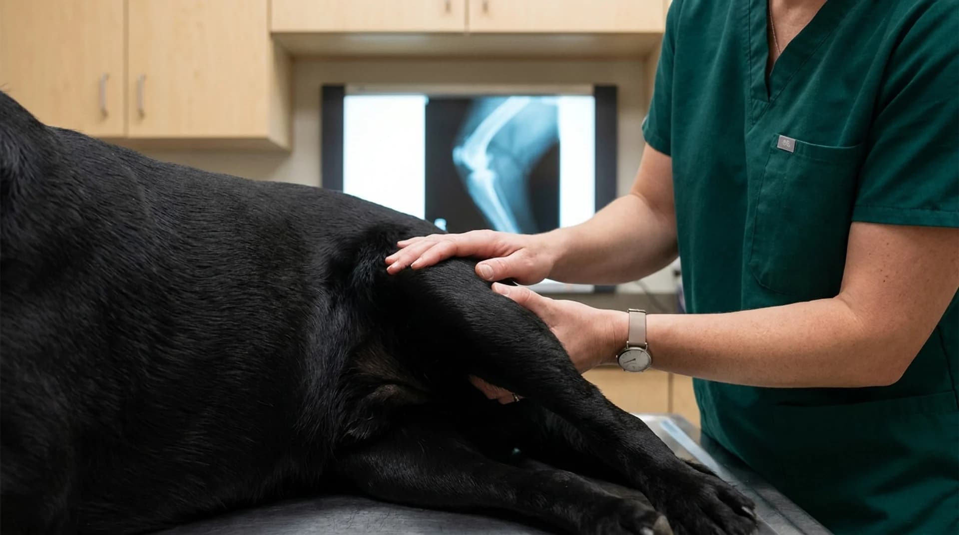 Hund-hältutredning — palpation av knäled med röntgenbild på ljusskärm i bakgrunden