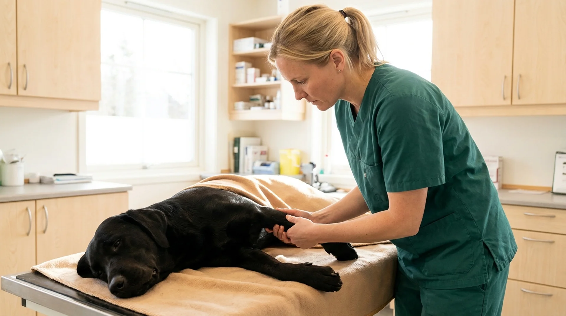 Hältutredning hund — veterinär palperar knäled på svart labrador under lätt sedering