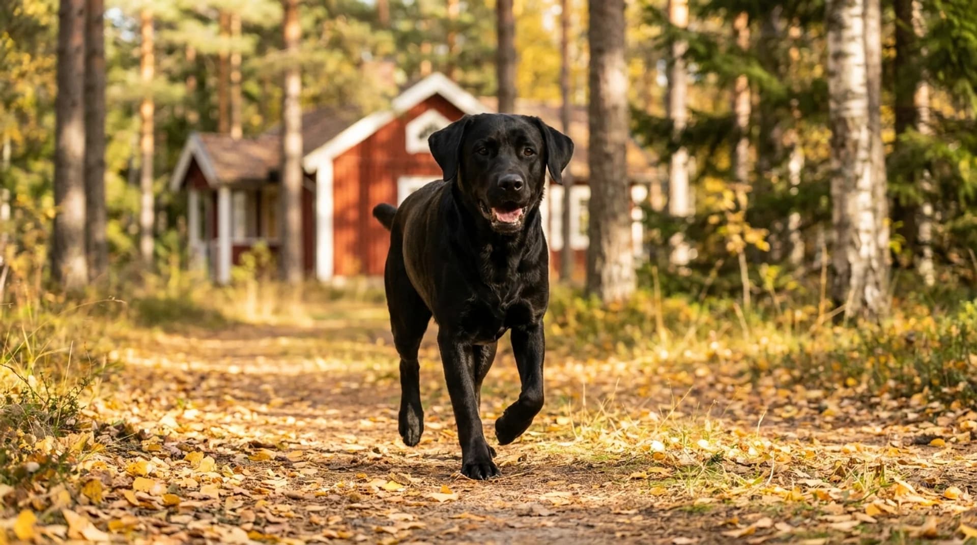 Svart labrador går smärtfritt på skogsstig i svensk höst efter lyckad hältutredning
