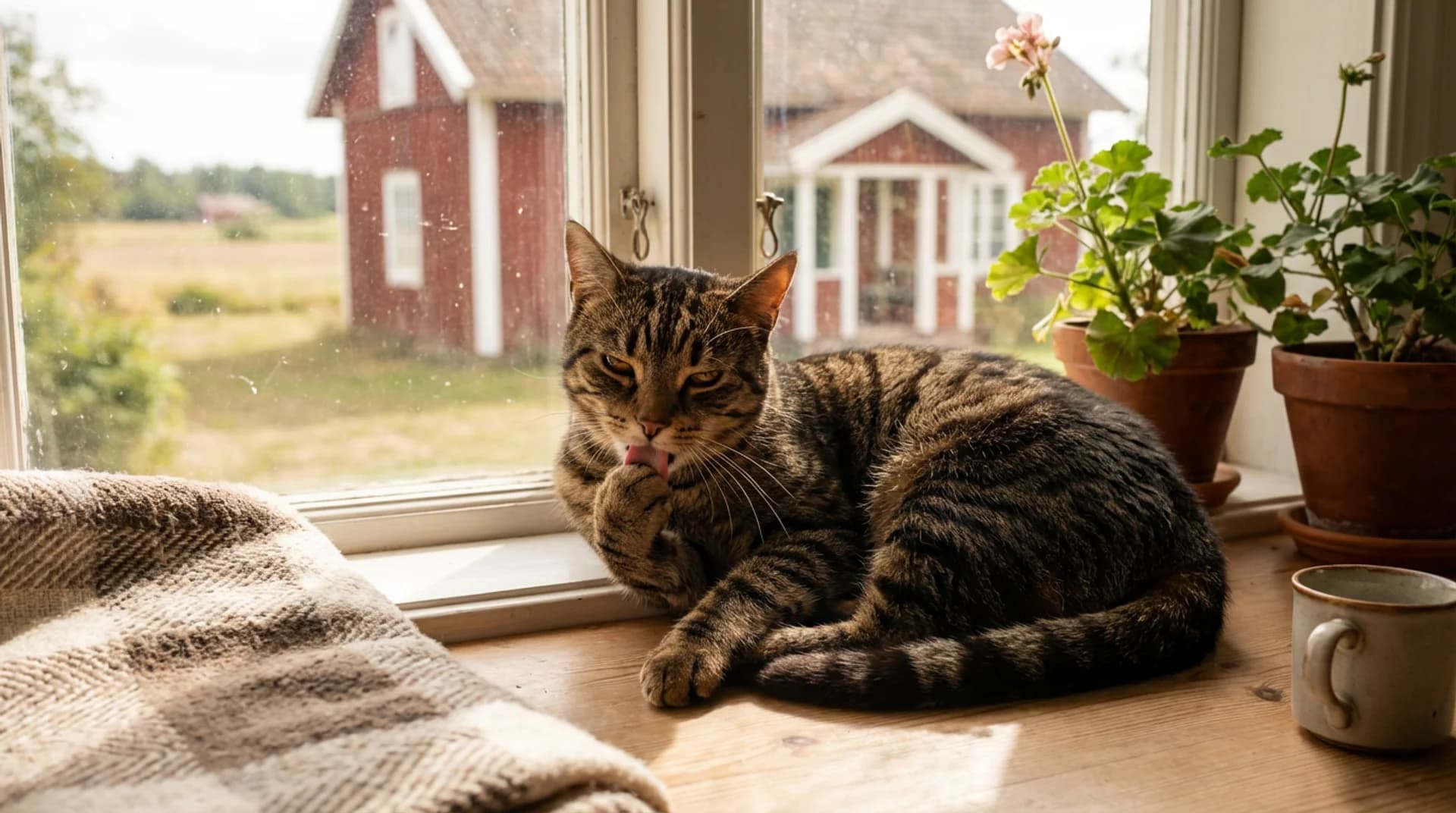 Hältutredning katt — brun tabby tvättar sig lugnt i fönster med röd svensk stuga i bakgrunden