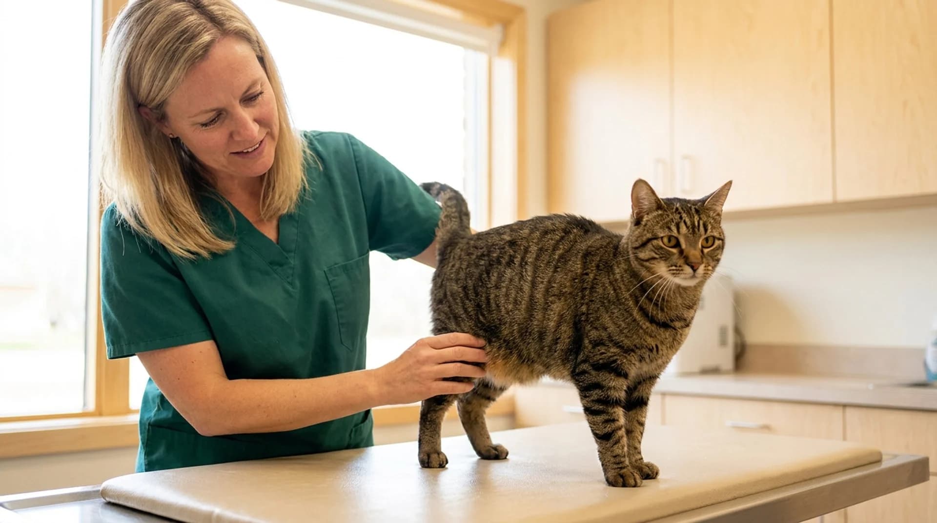 Hältutredning katt — veterinär palperar bakben på brun tabby på undersökningsbord