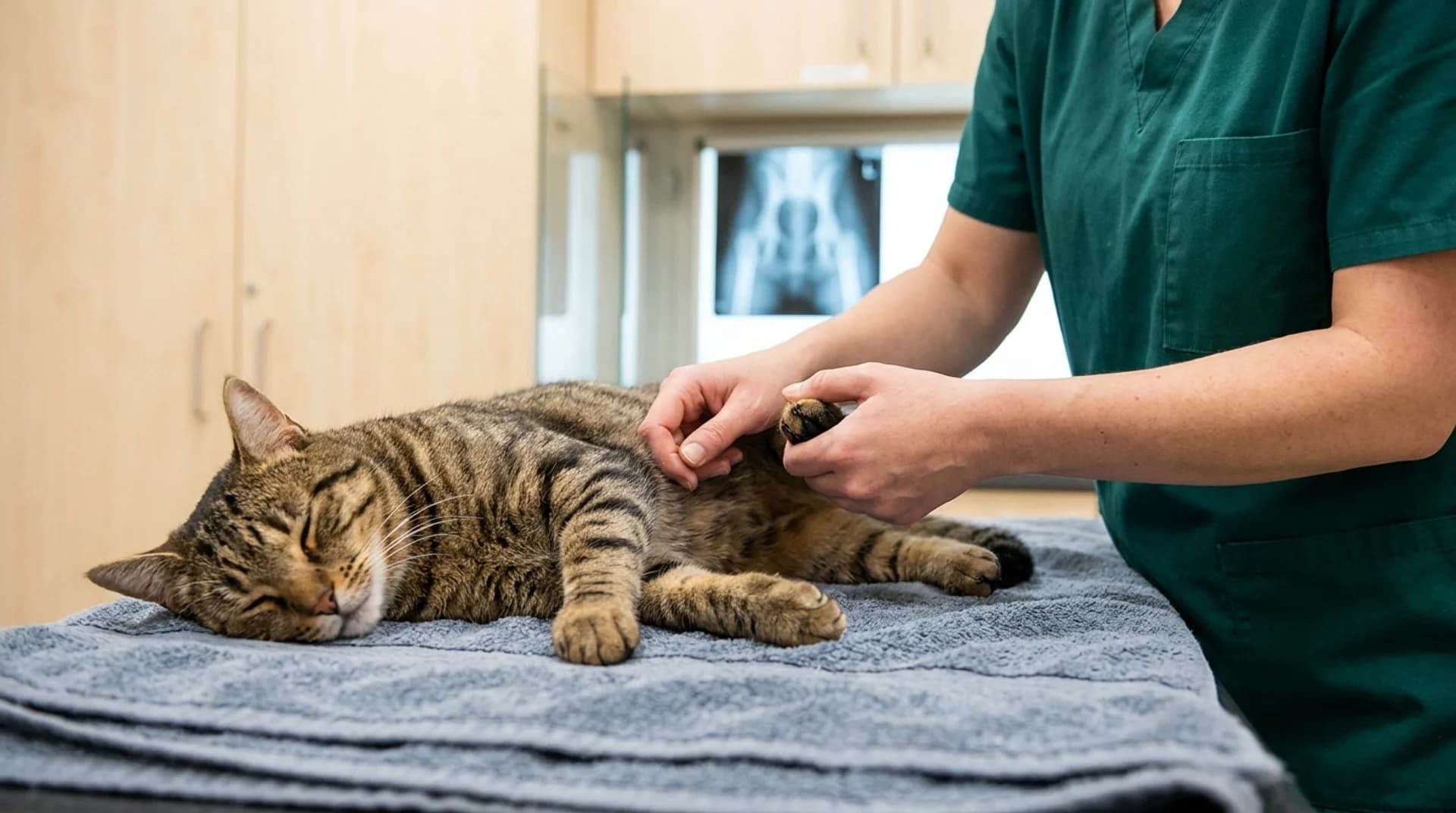 Katthältutredning — sederad brun tabby undersöks med röntgenbild av kattbäcken i bakgrunden