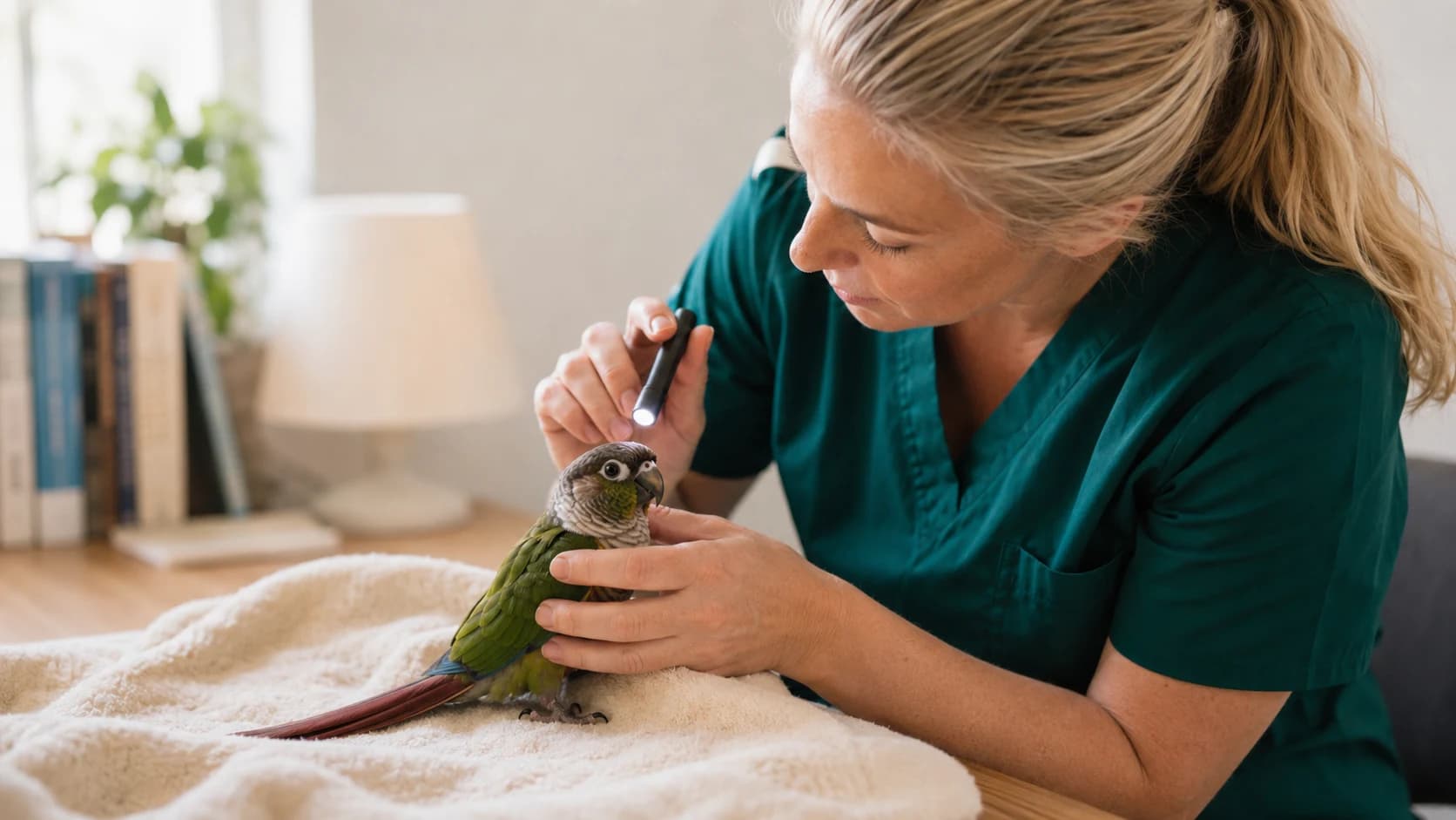 Veterinär lyser med liten lampa i ögon och näsborrar på en grönkindad parakit under hembesök