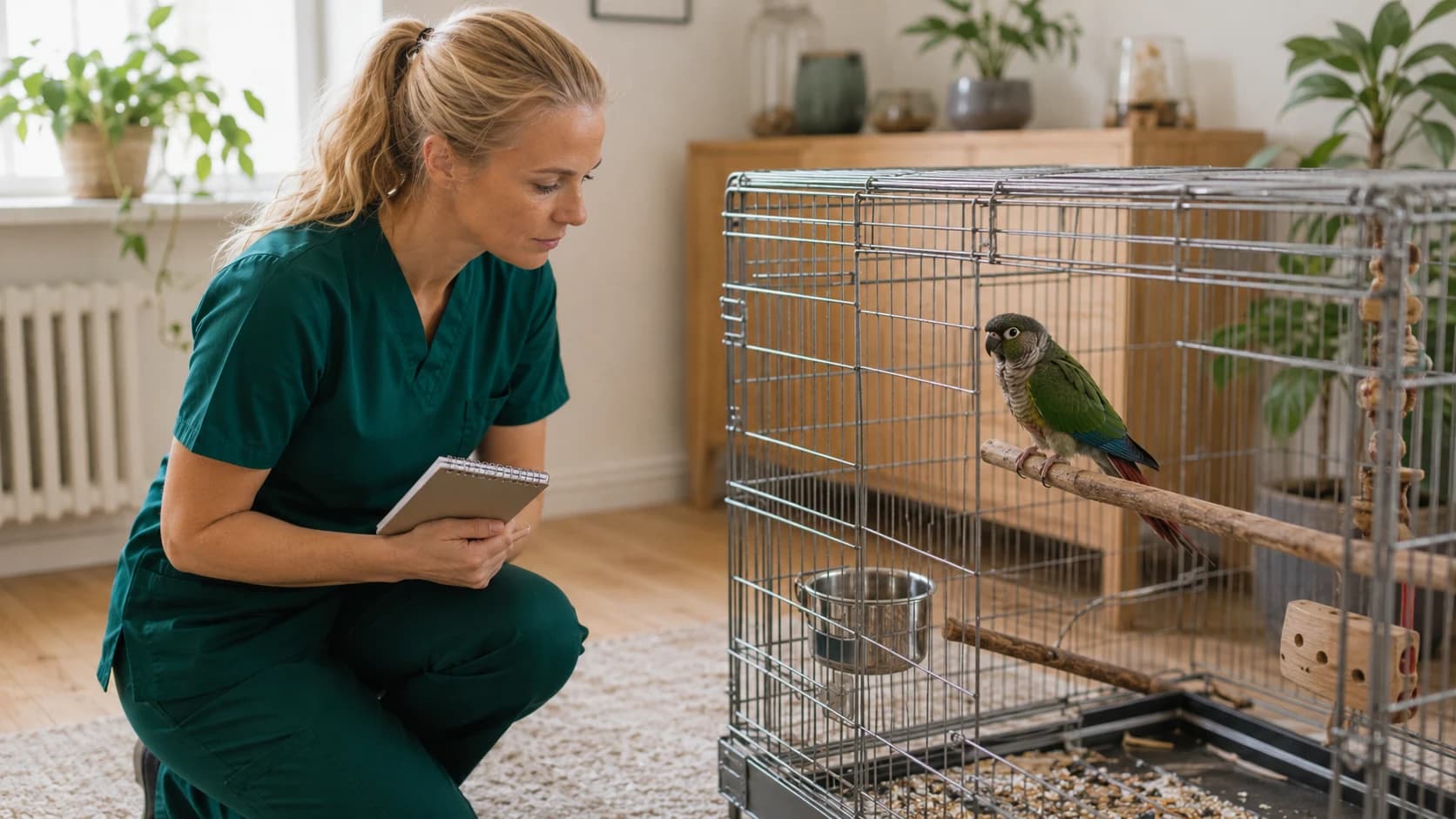 Veterinär observerar grönkindad parakit i sin egen bur innan handpåläggning under hembesök
