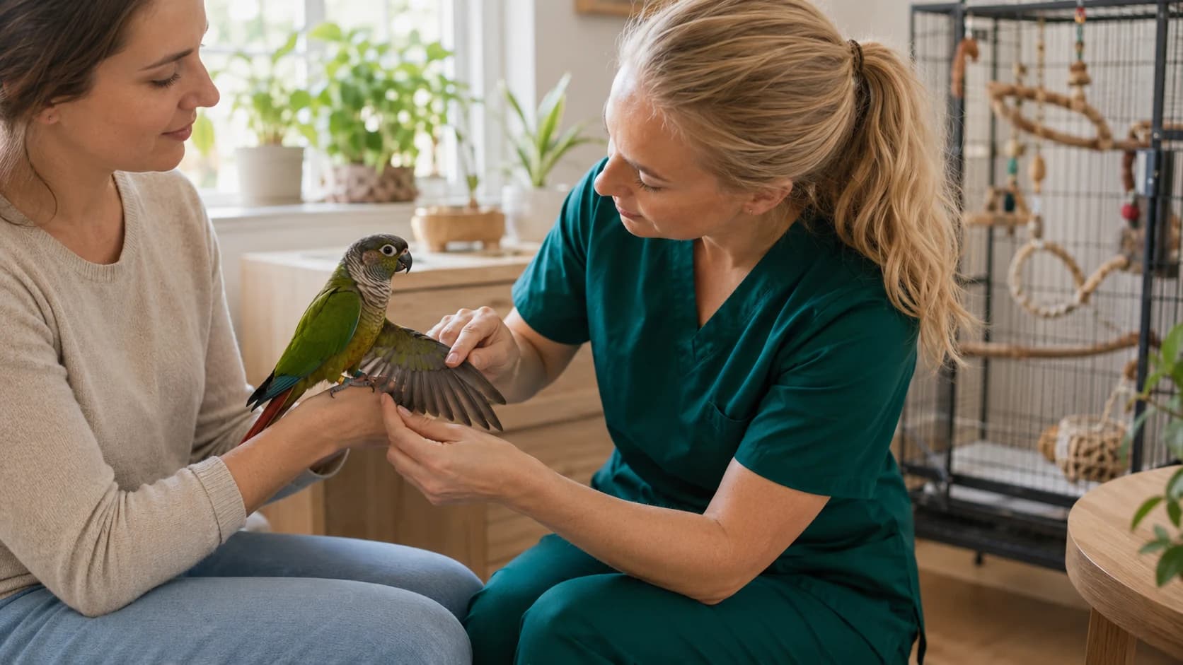 Veterinär undersöker vingen på en grönkindad parakit som sitter på ägarens hand under hembesök