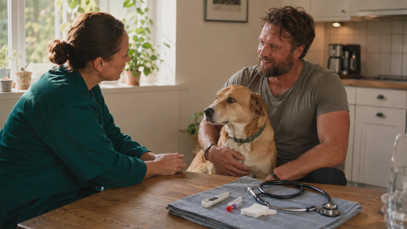 Veterinär undersöker hund vid köksbordet under hembesök i ett svenskt hem