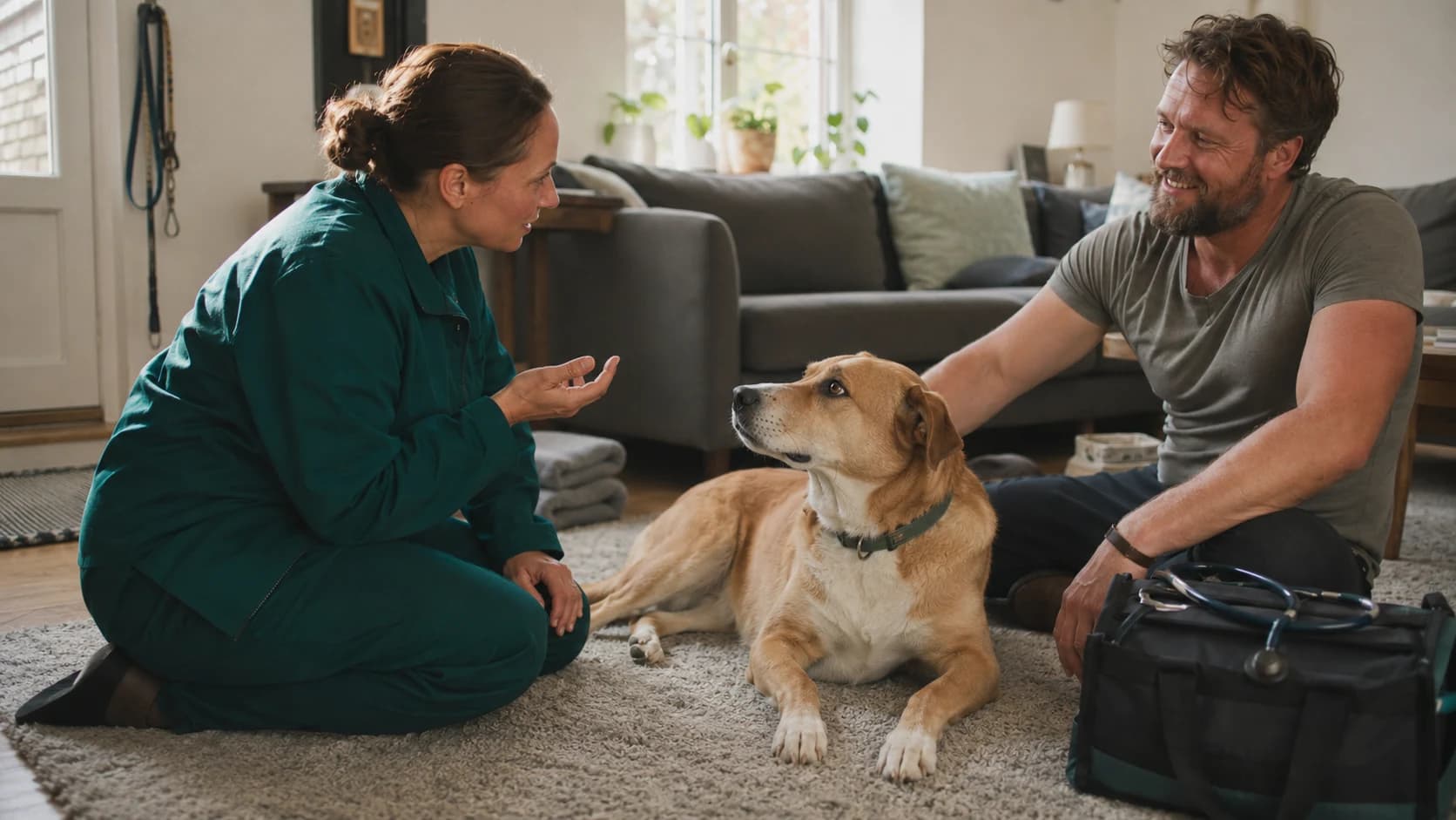 Hund vilar på mattan medan veterinär förklarar resultatet för matte under hembesök