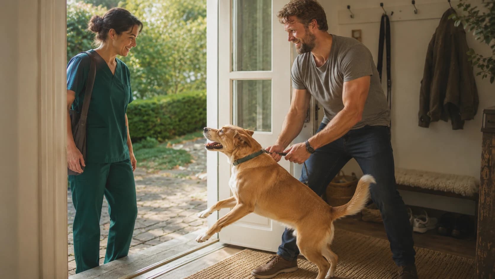 Veterinär på trappan vid hembesök hund — golden labrador välkomnar henne entusiastiskt